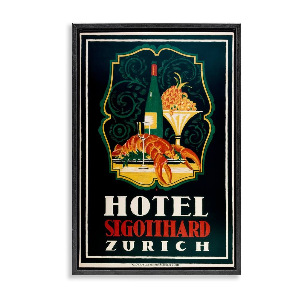 Stupell Vintage Hotel Zurich with Lobster Framed Floater Canvas Wall Art Design By Marcus Jules