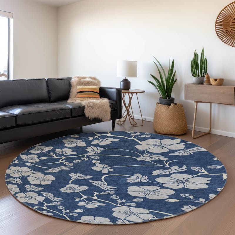 Premium Washable Super Soft Modern Floral Mayfield Rug - Navy - 8' x 8'