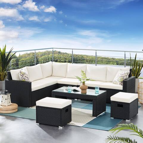 8 Seaters Outdoor Patio Sofa Set, PE Rattan Wicker Patio Furniture Sets with Coffee Table