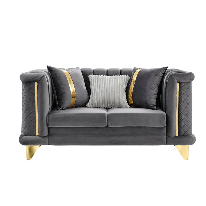 69 Inches Gray Velvet Loveseat with Gold Stainless Steel Trims and Embroidered Texture