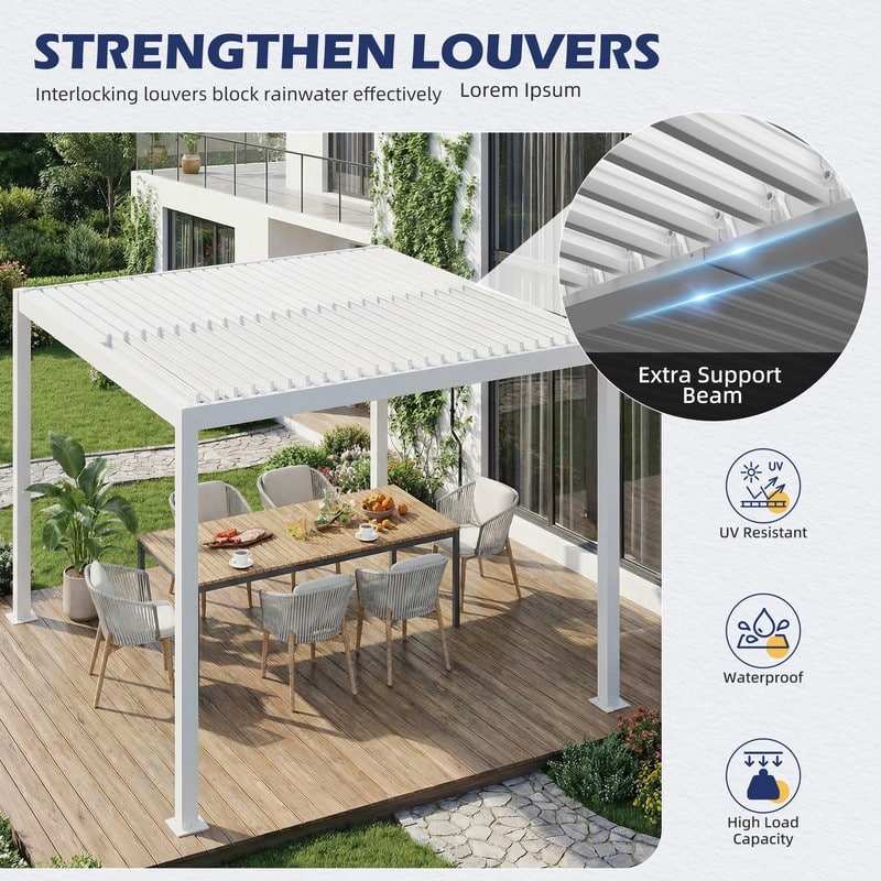 EROMMY Outdoor Louvered Pergola with Adjustable Aluminum Roof – Rainproof Gazebo for Patio & Garden
