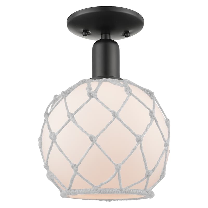 Innovations Lighting 716-1C-12-8 Farmhouse Rope Semi-Flush Farmhouse - Matte Black / White Glass with White Rope