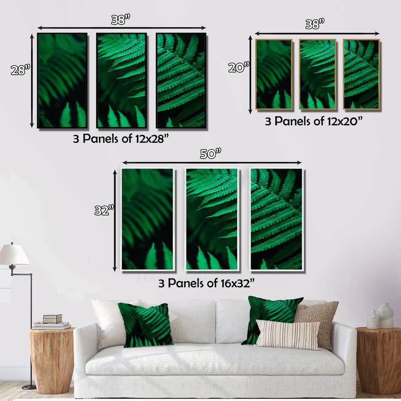 Designart "Dark Green Fern Leaf On Black III" Tropical Framed Wall Decor Set of 3 - 4 Colors of Frames