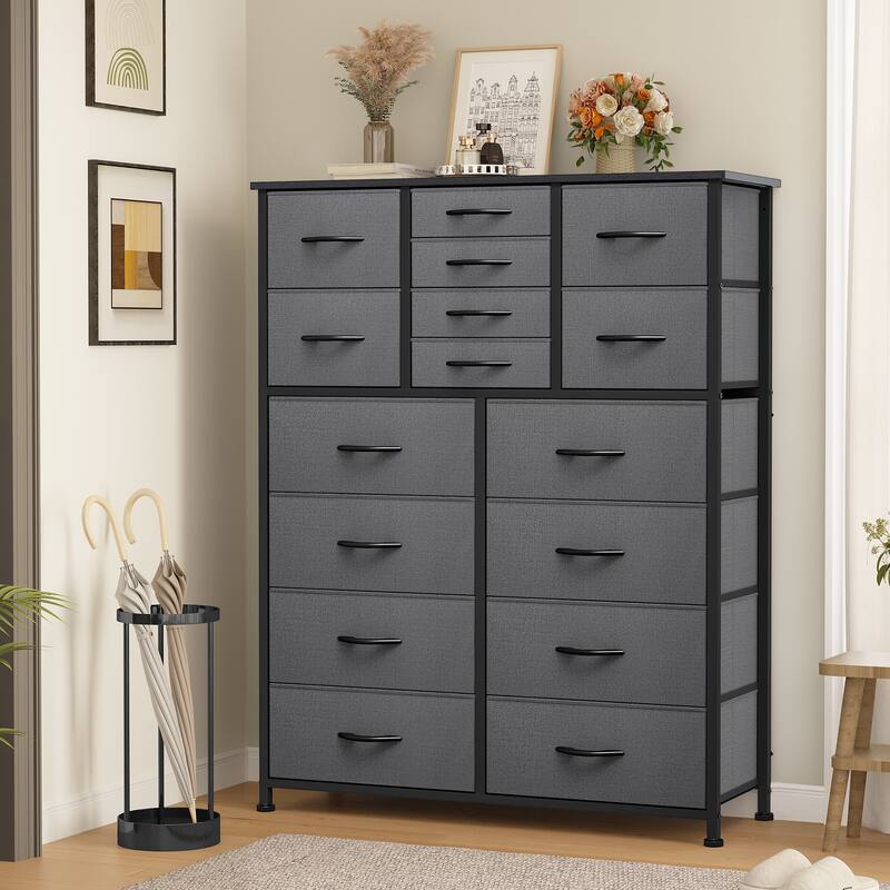 Moasis 16-drawer Combo Dresser with Metal Frame, Wood Tabletop - Dark Gray