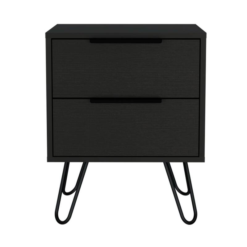 Modern 2-Drawer Nightstand with Hairpin Legs, Black Finish, Compact and Functional Design