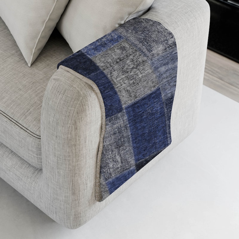 Premium Machine Washable Vintage Patchwork Sherpa Throw Blanket - Navy - 4'2" x 5'10"