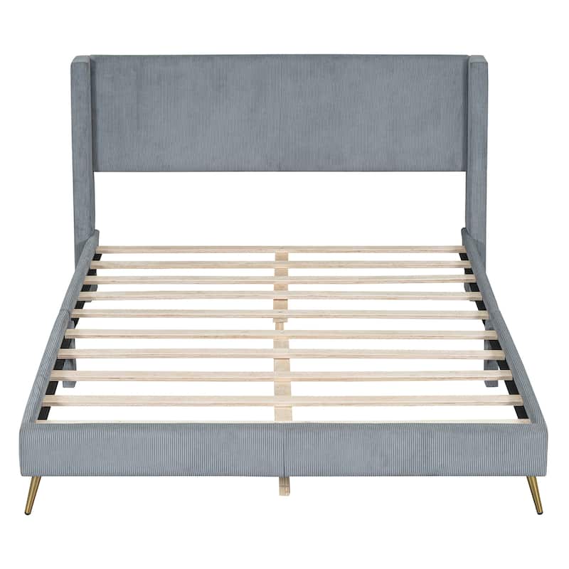 Queen Corduroy Upholstered Platform Bed with Tufted Headboard, Metal Legs and Slats - No Box Spring Needed