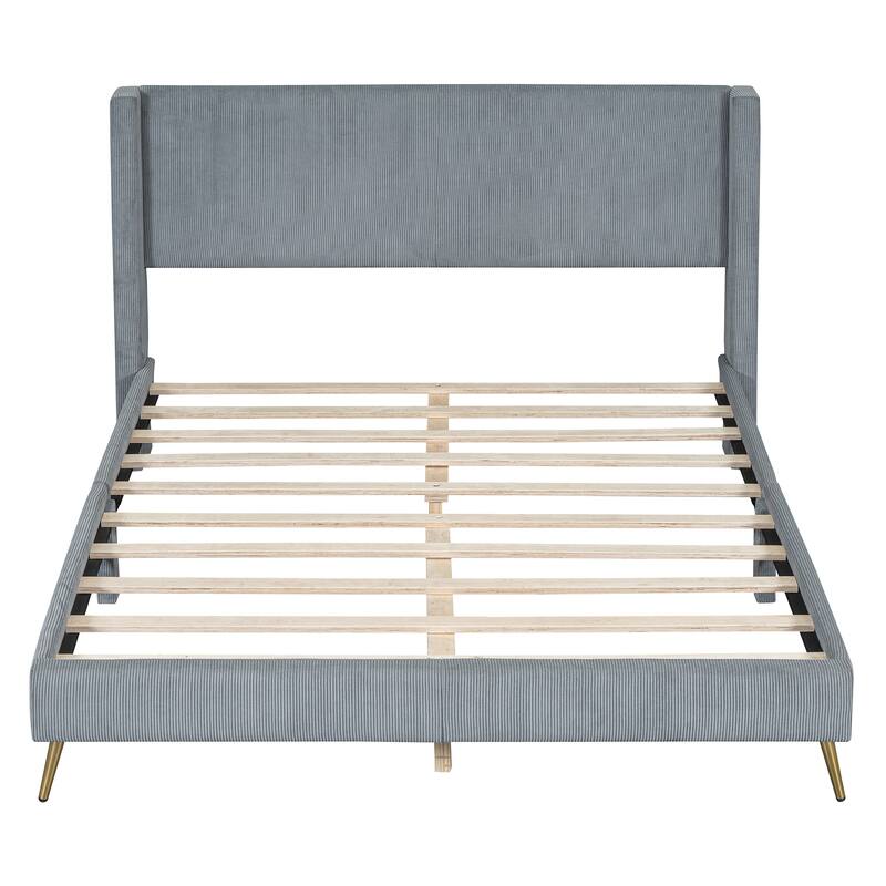 Queen Size Corduroy Platform Bed with Metal Legs, Gray
