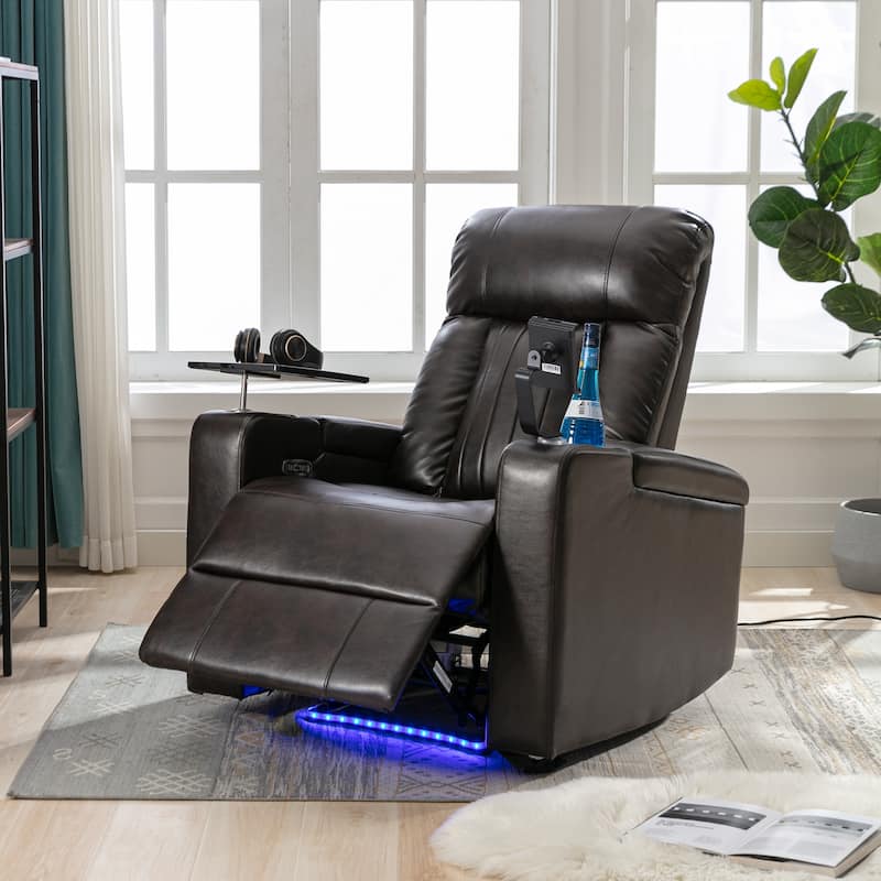 Power Recliner Chair with USB Charging Port, Office Chair with Cup Holders, Leather Lounge Chair with Swivel Tray - Brown