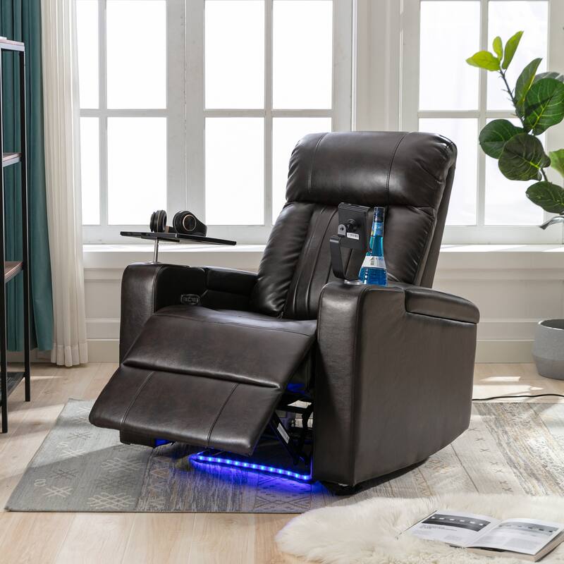 Roomfitters Power Recliner Seat with Storage Arms Cupholders Swivel Tray and Phone Stand, Brown