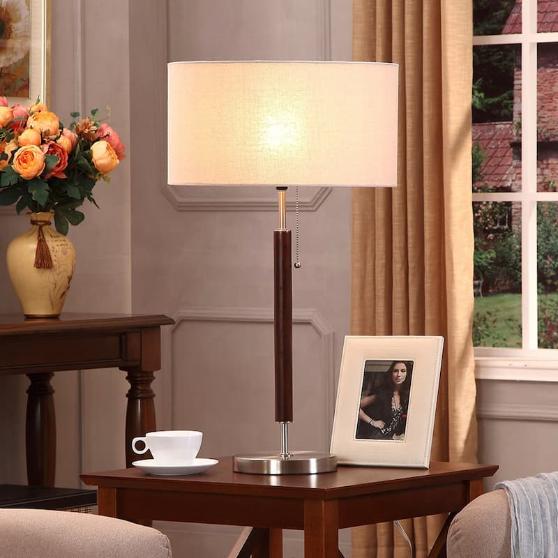 Brightech Carter 26 in. Walnut Brown Mid-Century Modern LED Standard Table Lamp with Beige Fabric Drum Shade (2-Pack)