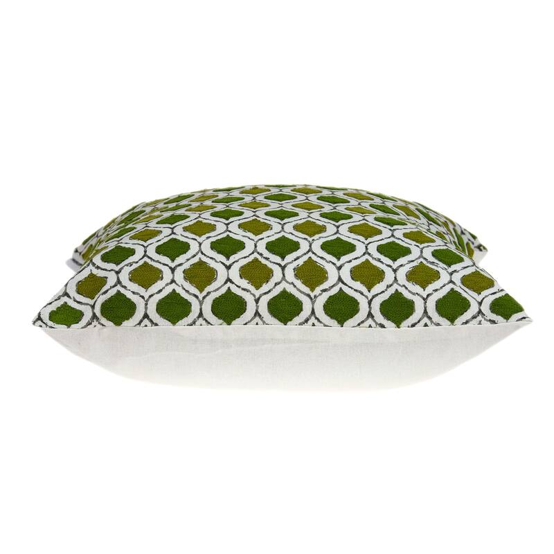 HomeRoots 20" Green and White Ogee Cotton Throw Pillow With Embroidery