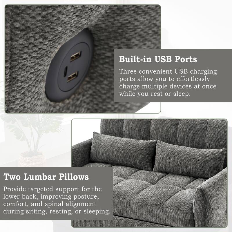 Anmytek 52.8" Modern Multi-Functional Tufted Loveseat Sleeper Sofa Adjustable Backrest 3 USB Ports 2 Lumbar Pillows