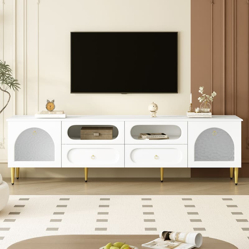 78.8" Exquisite TV Cabinet Wood TV Stand with Metal Legs, Media Console Cabinet with 2 Cabinets, 4 Drawers for Up to 85'' - White