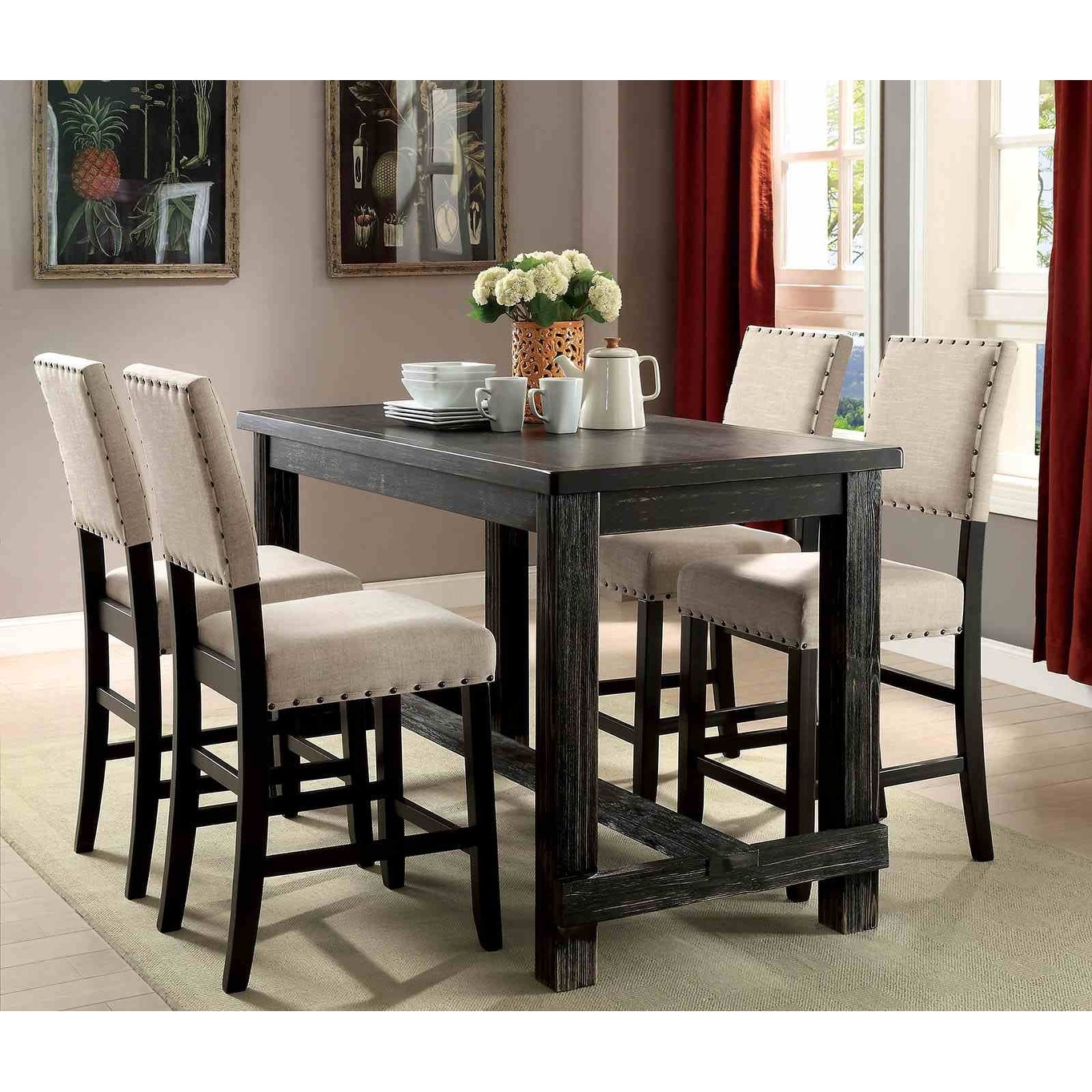 5pc Counter Height Set Antique Black Finish Table and Side Chairs