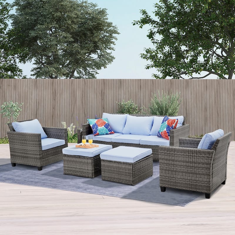 Ainfox Outdoor Patio Sofa Set Sectional Wicker Sofa Patio Furniture Rattan sofa - 5PCS - Light Blue