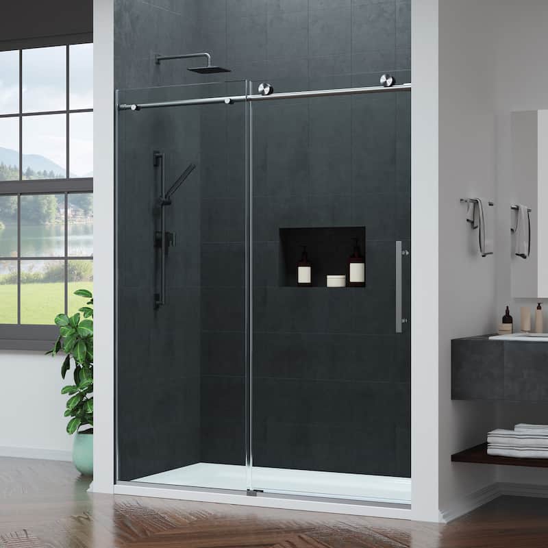 Mountain 60-inch Reversible Frameless Sliding Deco-Glass Shower Door with Soft-Close System