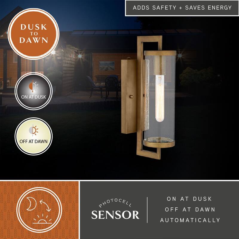 Morgan Park 1-Light Dusk to Dawn Modern Outdoor Wall Sconce with Clear Seeded Cylinder Glass Shade, Exterior Lantern