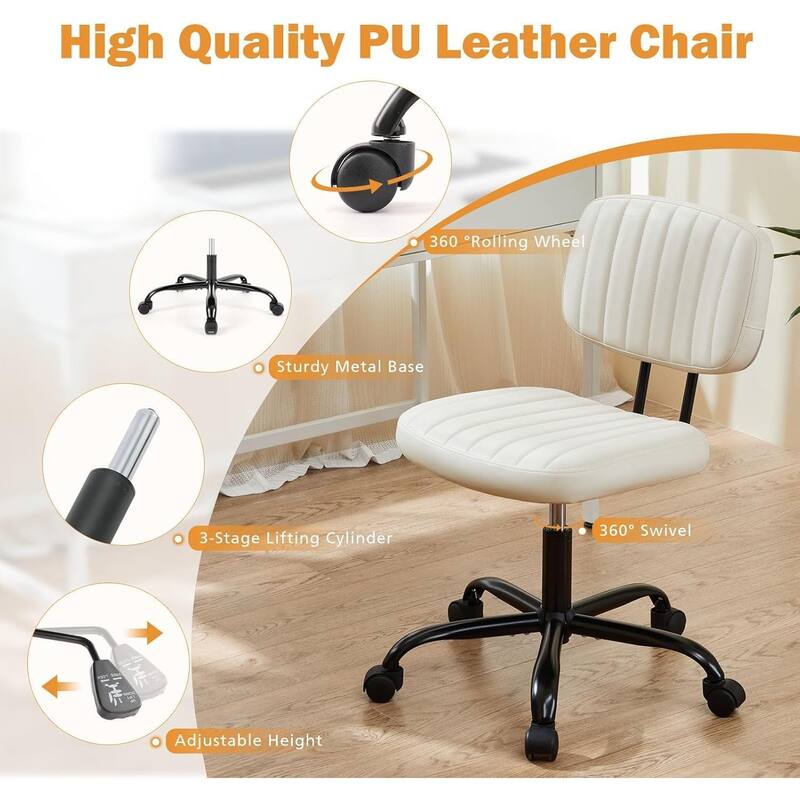 Small Office Computer Desk Chair with Wheels and Lumbar Support, Comfy Cute Armlees PU Leather Vanity Rolling Swuvel Task Chair