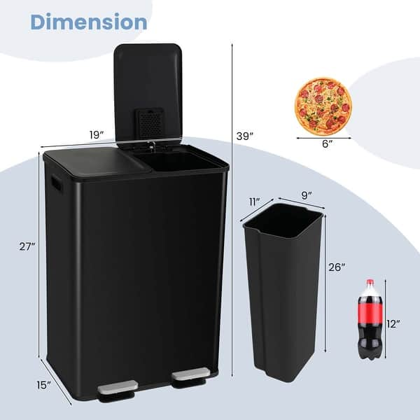 dimension image slide 1 of 3, Costway 16 Gallon Dual Step Trash Can Recycle Bin Stainless Steel