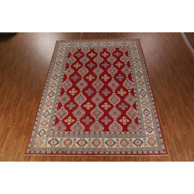 Hand Knotted Oriental 100% Wool Carpet Traditional Geometric Red Kazak Area Rug - 12' 10'' X 9' 6''