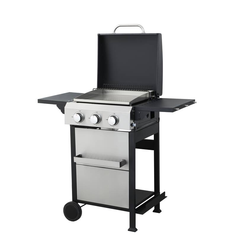 3 Burner Propane Gas Grill with Wire Enamel Cooking Grids Grid Foldable Side Table and Hanging Basket, for Outdoor Grilling