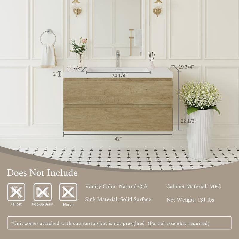 ABRUZZO 42" Floating Single Bathroom Vanity Wall-Mounted with Integrated Resin Top Basin 2 Soft Close Drawers Full Assembly