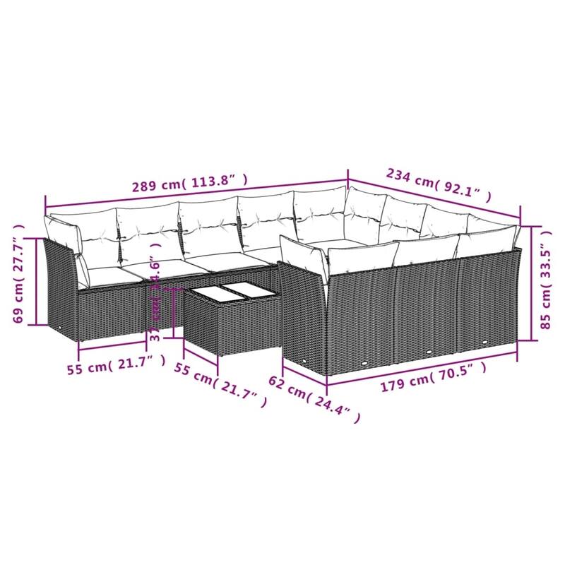 vidaXL 11 Piece Patio Sofa Set with Cushions Black Poly Rattan - 157.3x27.2x92.2