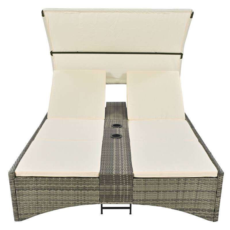 Outdoor Patio Rattan Daybed Sunbed with Canopy and Adjustable Backrest, Storage Box and 2 Cup Holders