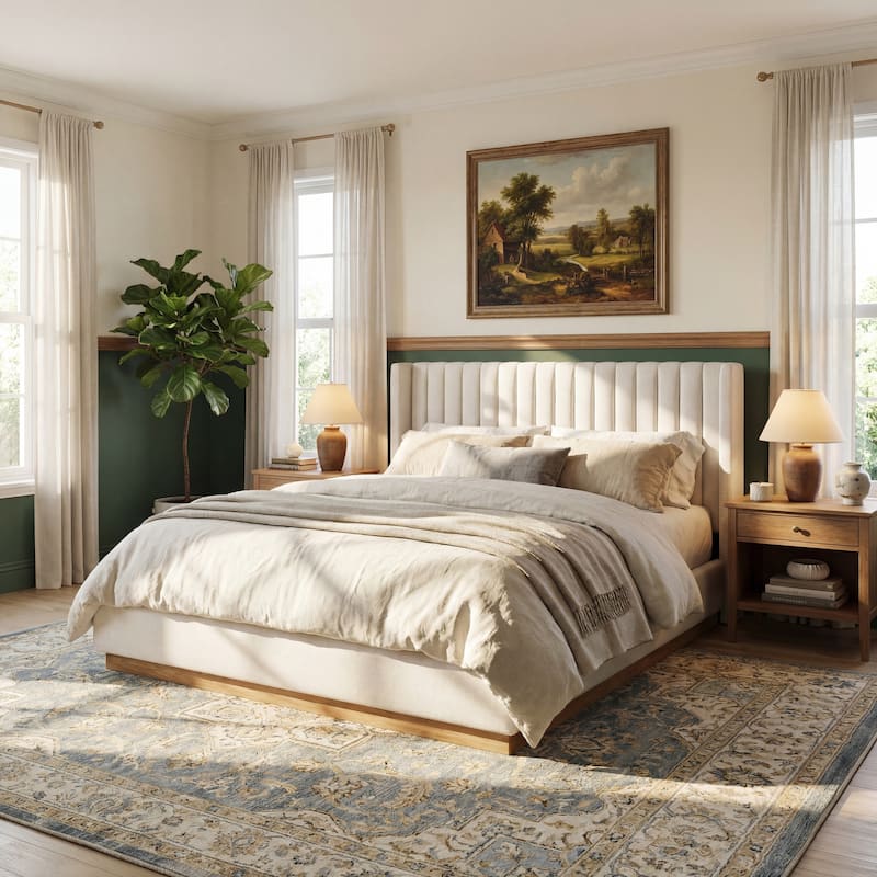 Christopher Knight Home - Modern Minimalist Upholstered Linen Platform Bed Frame with Wingback Headboard, Wood Slat Support - Queen