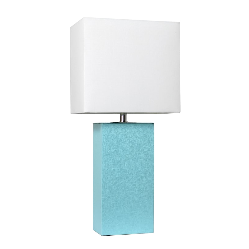 Leather Table Lamp with White Fabric Shade - Without Bulb - Aqua