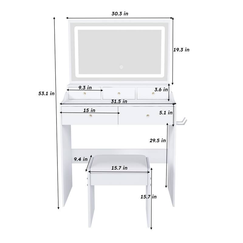 Large Mirror Vanity Desk for Bedroom, Modern Makeup Vanity with Power Outlet and Hair Dryer Holder, Dressing Table & Stool Set