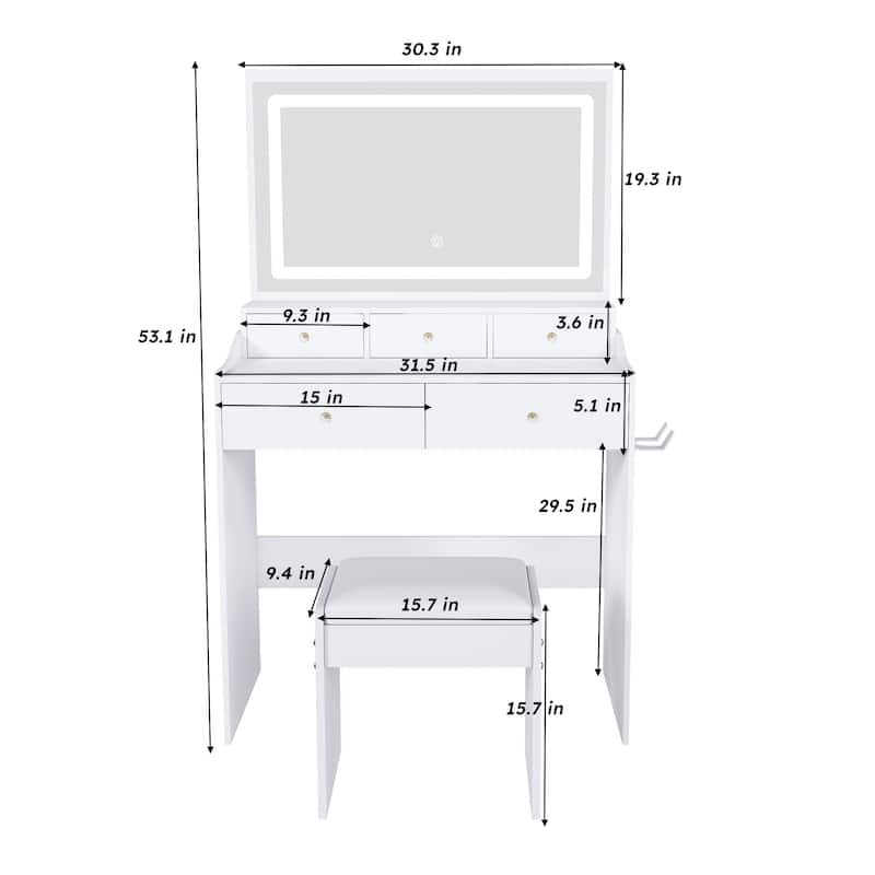 Modern Vanity Set with Extra-Large Lighted Mirror, 3 Color Modes, Power Outlet, Hair Dryer Holder & Storage Drawers