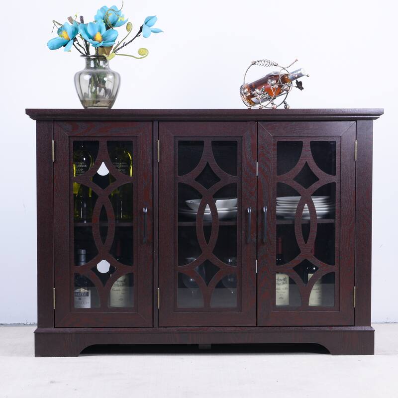 Spacious size sideboard 3 clear tempered glass doors buffet with adjustable shelf, storage cabinet for dinning room