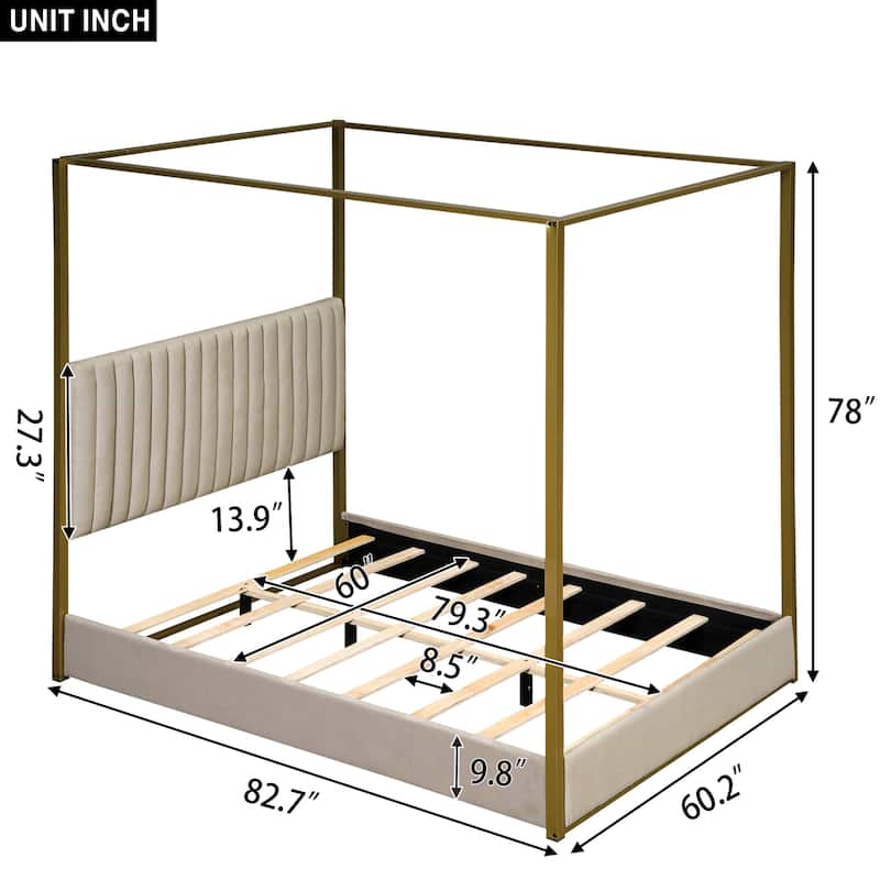 Queen Upholstery Canopy Bed with Soft Linen Headboard and Sturdy Metal Frame