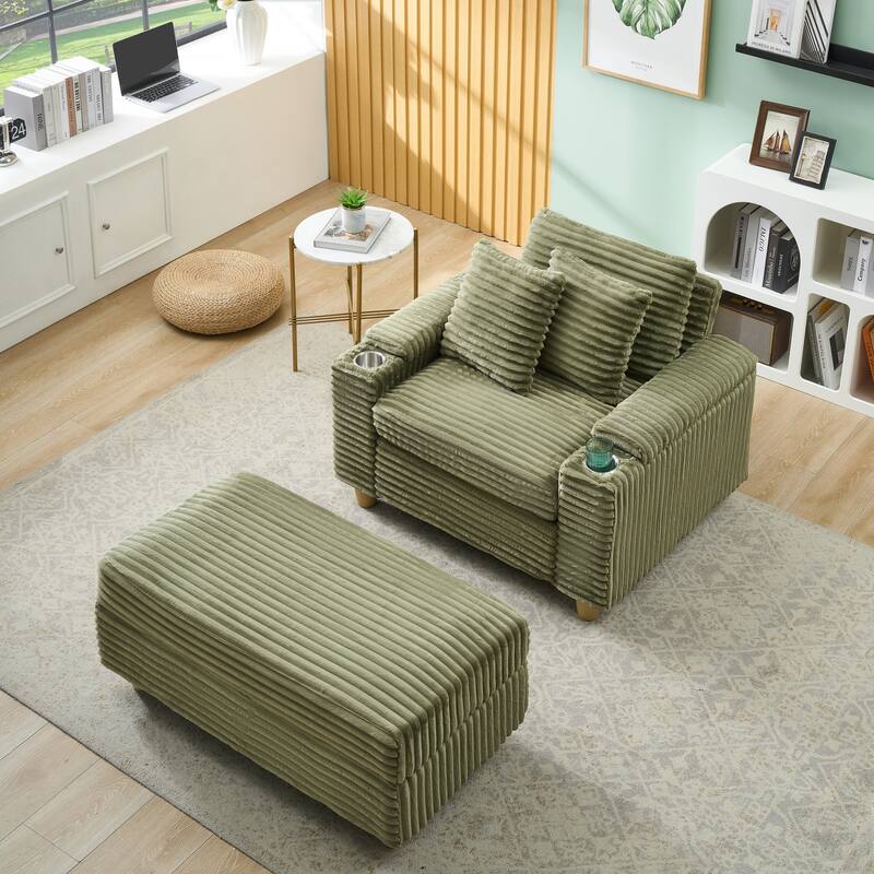Corduroy Accent Chair & Storage Ottoman Set of 2, Single Sofa Armchair Lounge Chair with Pillows & Cup Holders - Green