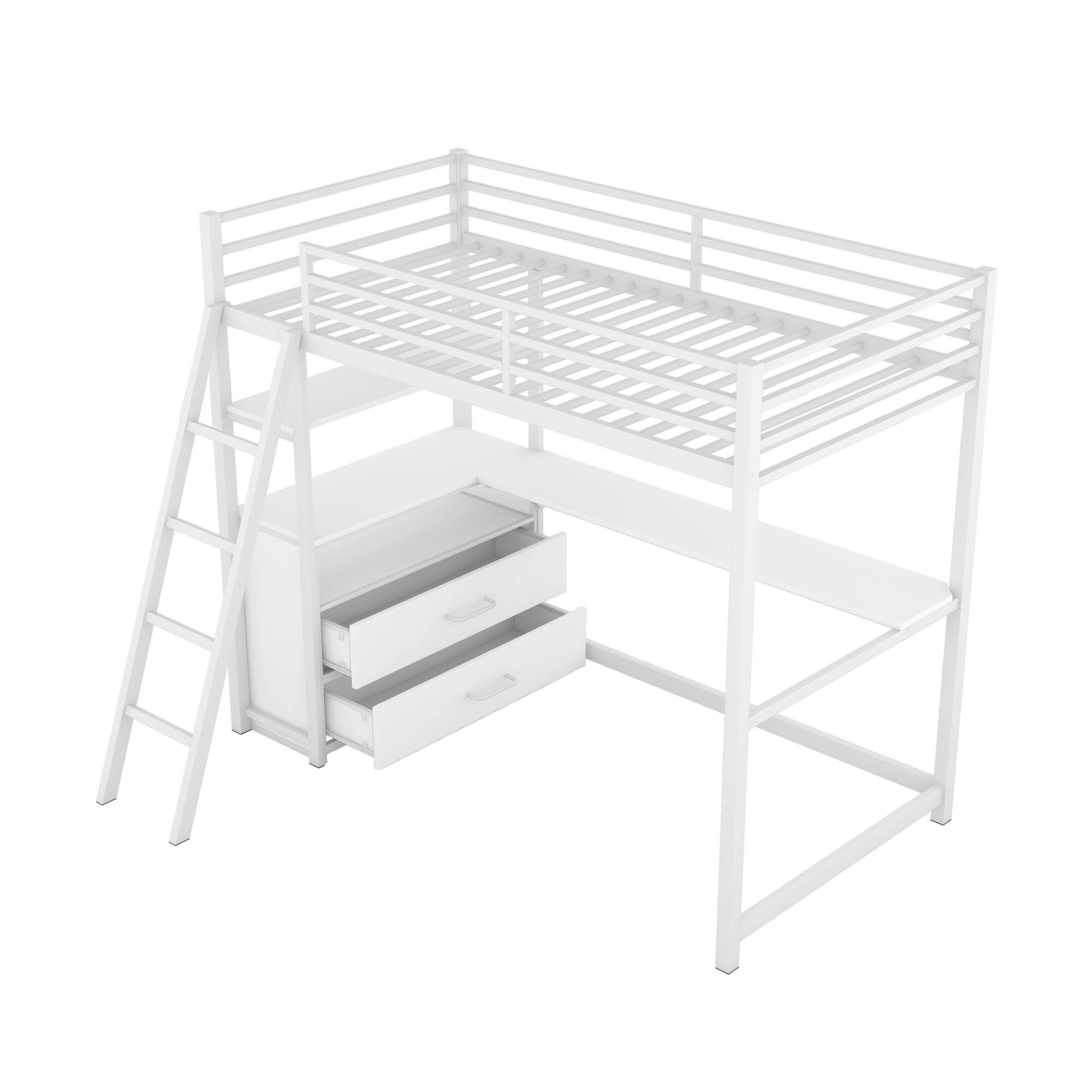 Multifunctionl Twin Size Loft Bed with Desk and Shelves, Two Builtin