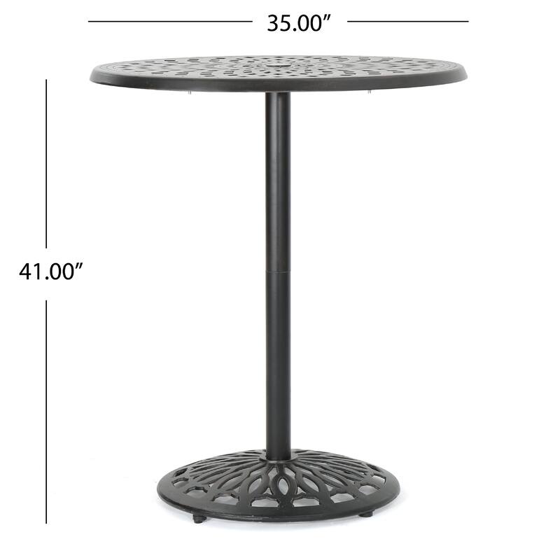 Outdoor Bar Table, 35 Inch Round Carved Top, Antique Bronze Aluminum