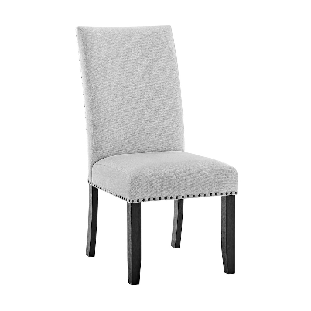 Viem Dining Chair Set of 2, Black Wood, Gray Fabric Seat, Nailhead Trim