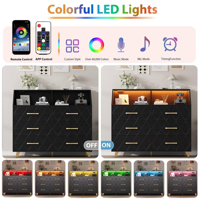 6 Drawer Dresser with Charging Station and Storage Shelf, 47" Wide Modern Wooden Chest for Bedroom