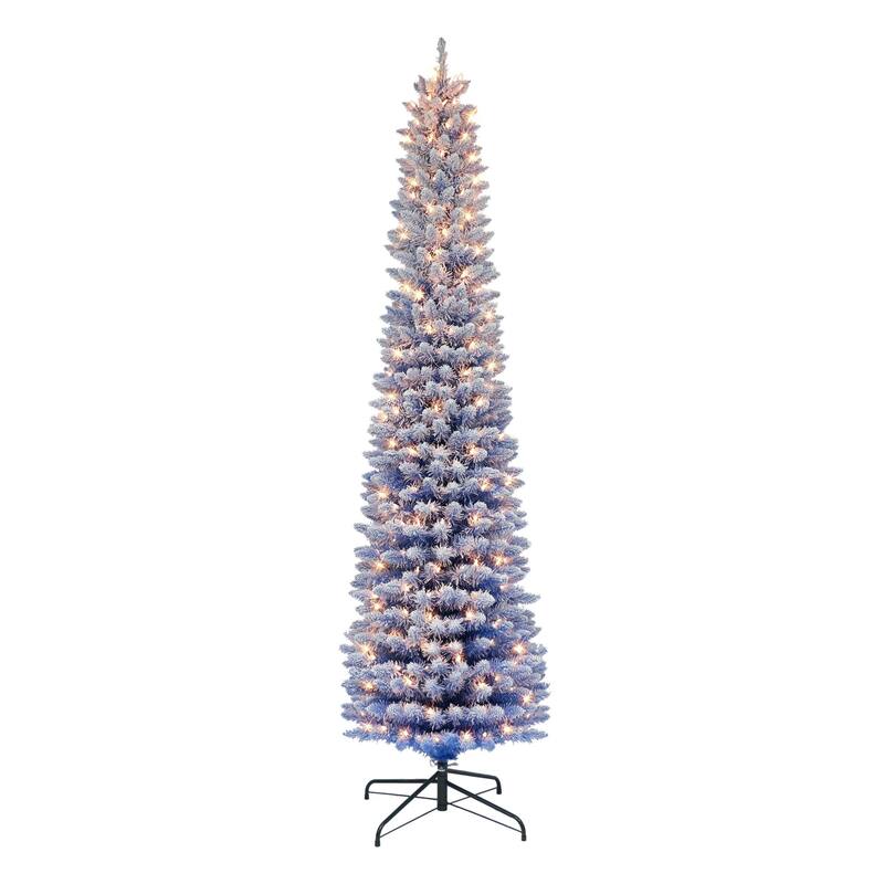 7.5' Flocked Fashion Blue Pencil Artificial Tree Clear Lights - 7.5 Foot