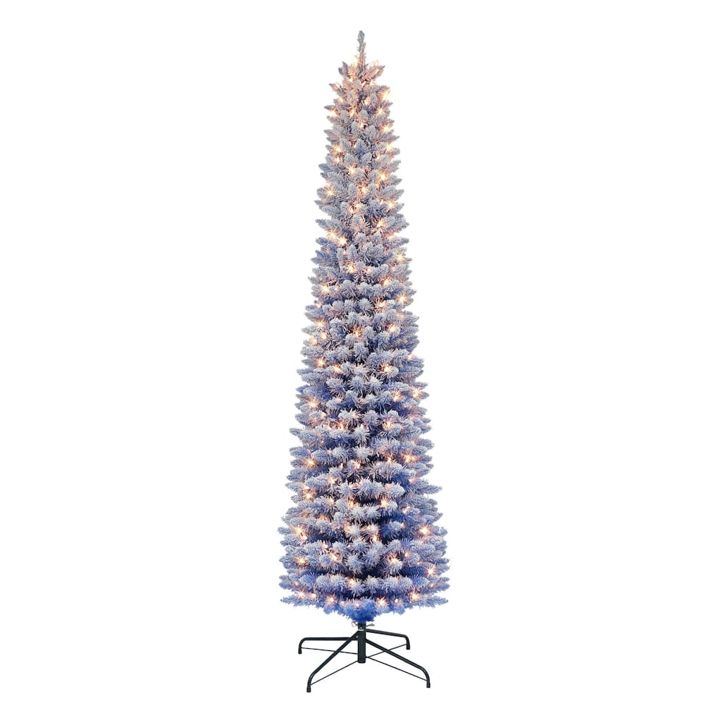 7.5' Flocked Fashion Blue Pencil Artificial Tree Clear Lights - 7.5 Foot