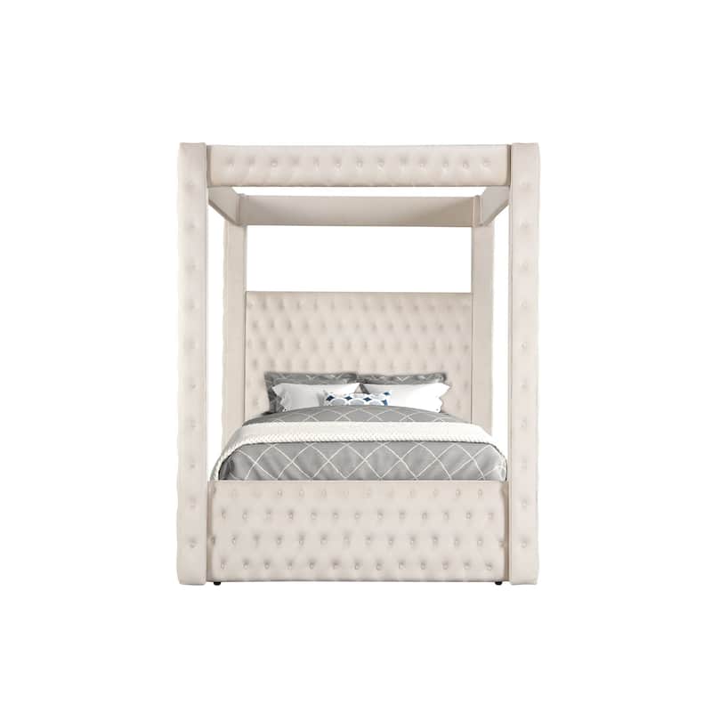 Beli Queen Size Canopy Bed, Tufted Design, Ivory Velvet Upholstery