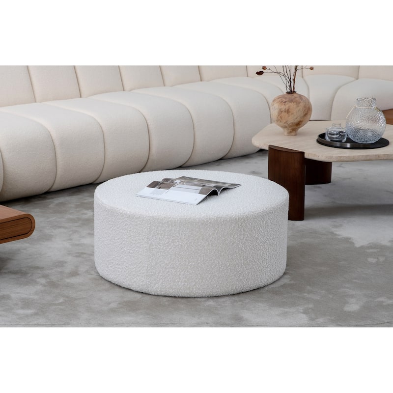 Round Coffee Table, Boucle Upholstered End Table, Functions as Side Table, Ottoman - Beige - Small