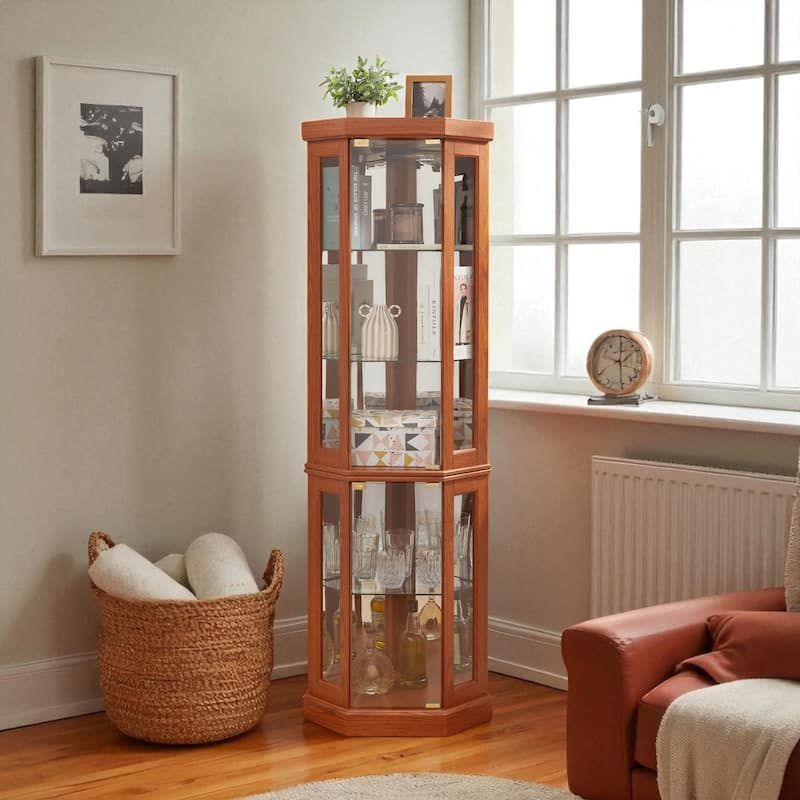 Lighted Corner Curio Cabinet with Glass Doors, Adjustable Shelves & Mirrored Back, Elegant Display Case for Collectibles - Dark Oak