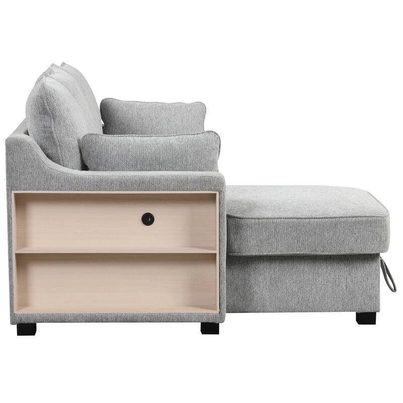 90" Convertible Sleeper Sofa with Storage Chaise, USB Ports, Storage Racks for Compact Spaces