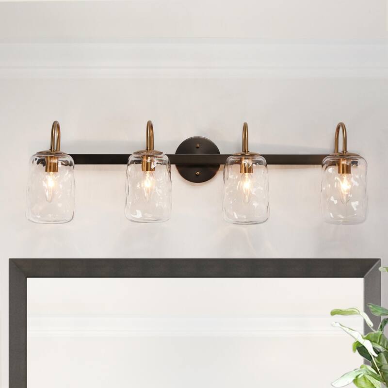 Kole Farmhouse 4-Light Linear Bathroom Vanity Lights Mason Jar Glass Wall Sconces - L32" x W7" x H10" - Upgraded Black&Gold