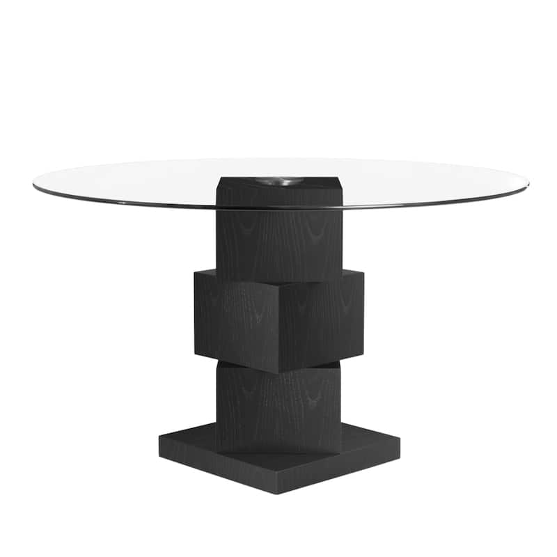 HomeRoots 51" Clear and Black Glass and Solid Wood Pedestal Base Round Top Dining Table - 51.18 in. x 29.53 in. x 51.18 in.