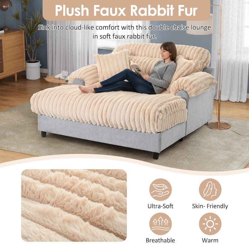 Modern Oversized Chaise Lounge Sofa for Living Room, 65.25" Cloud Sleeper Sofa Plush Faux Fur Sofa Couch with 2 Pillows