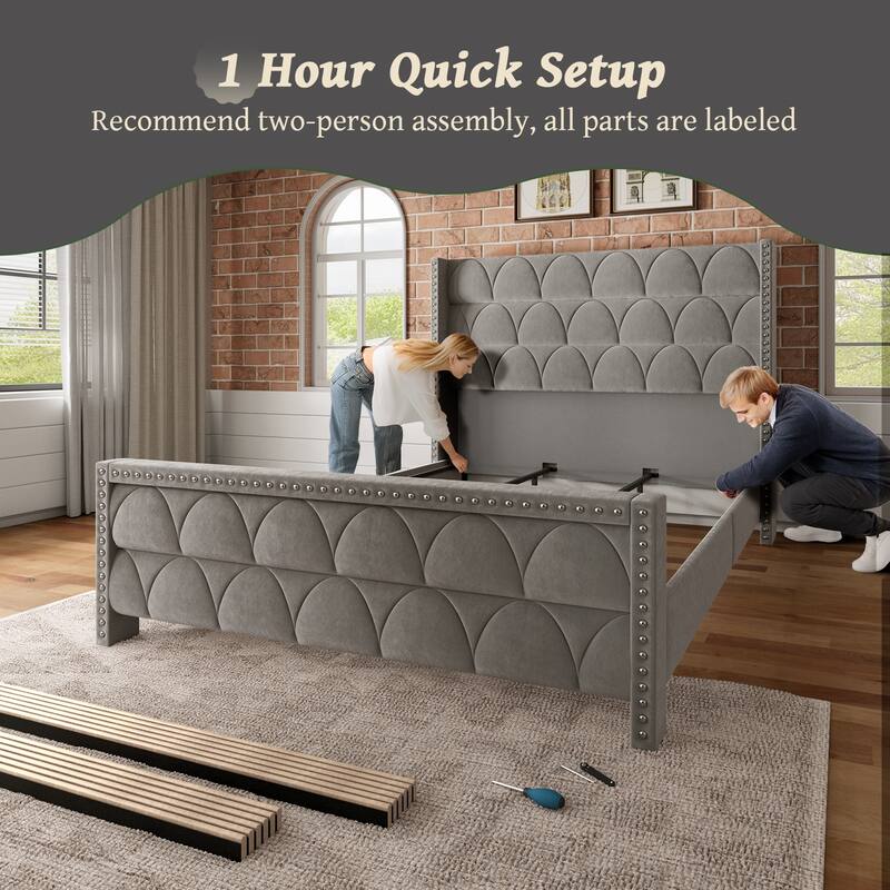 Hansabenne King Size Upholstered Platform Bed Frame Velvet Wood Bed Frame with Headboard
